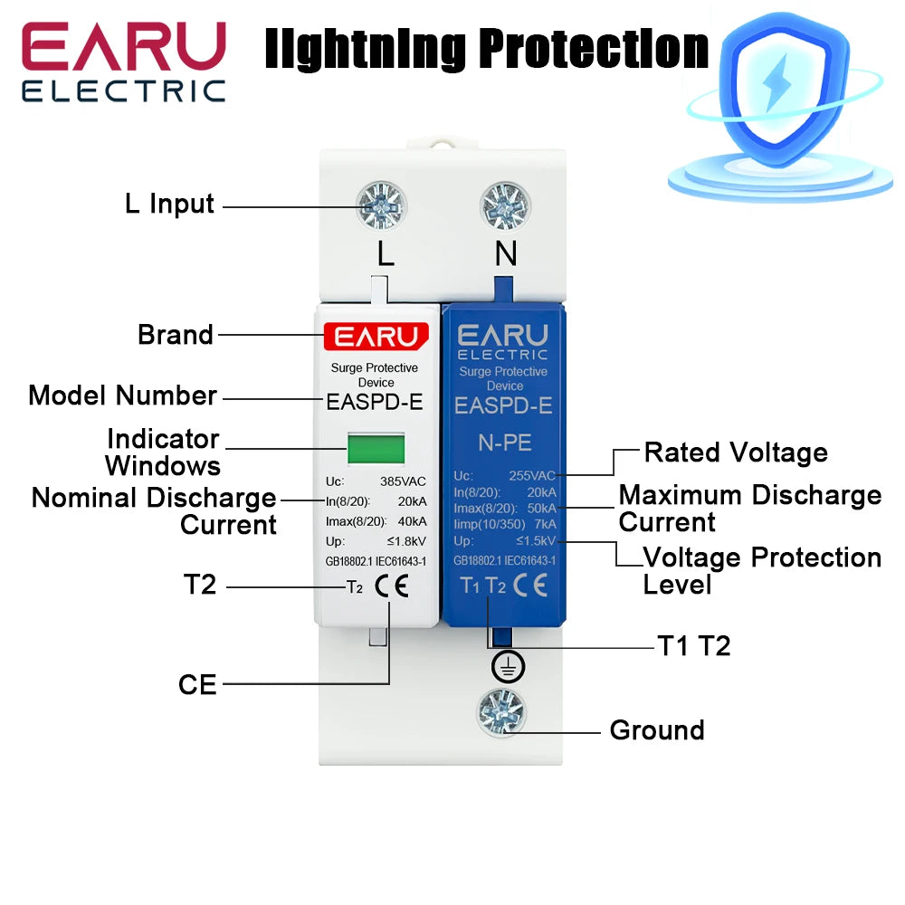 AC SPD 1P+NPE 3P+NPE 50KA T1 T2 385V 275V House Lightning Surge Protector Protective Solar Low-Voltage Arrester Device Din Rail