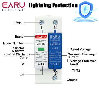 AC SPD 1P+NPE 3P+NPE 50KA T1 T2 385V 275V House Lightning Surge Protector Protective Solar Low-Voltage Arrester Device Din Rail