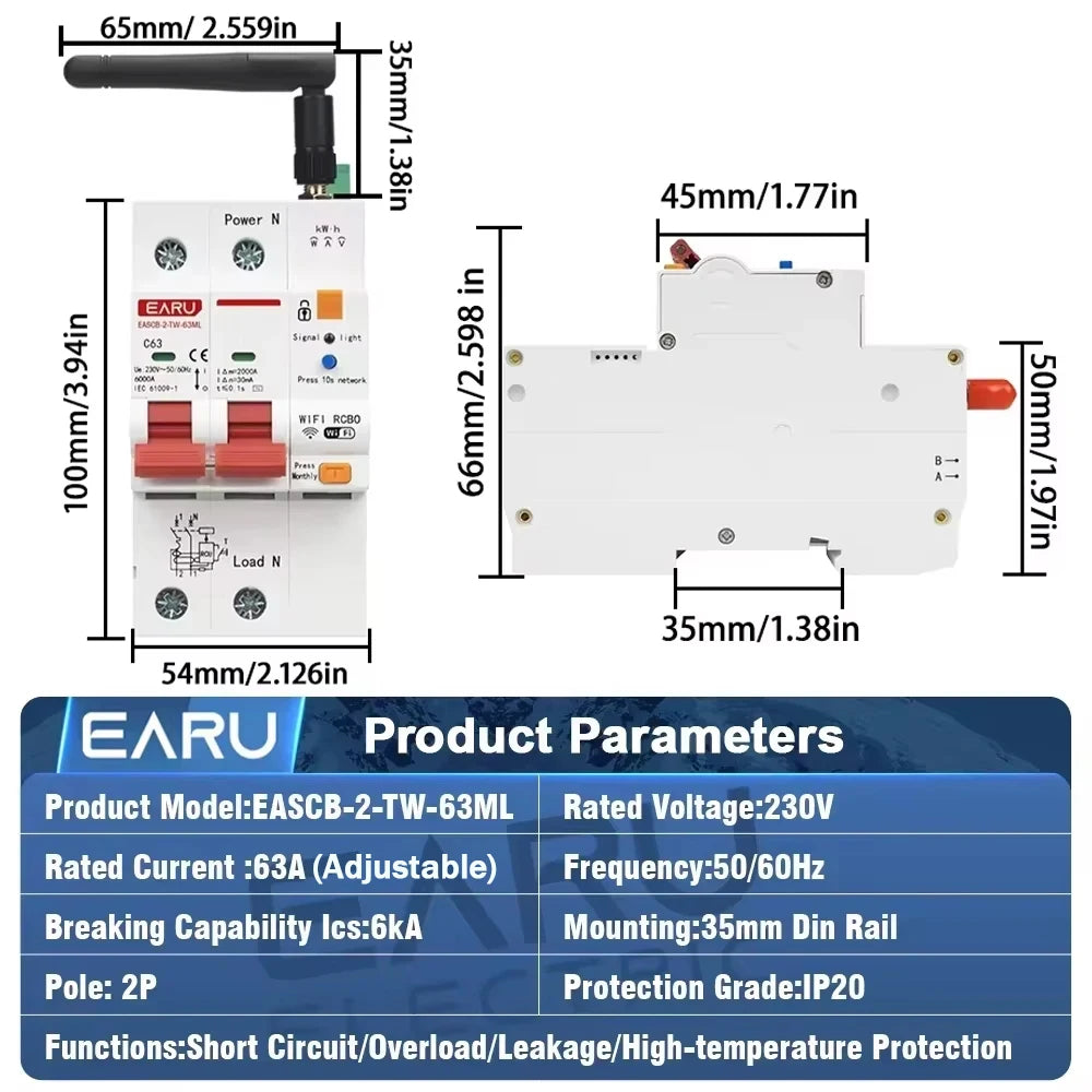 Tuya WiFi Smart RS485 Metering Leakage Circuit Breaker MCB RCBO AC230V Remote Control Circuit Breaker With Leakage Protection