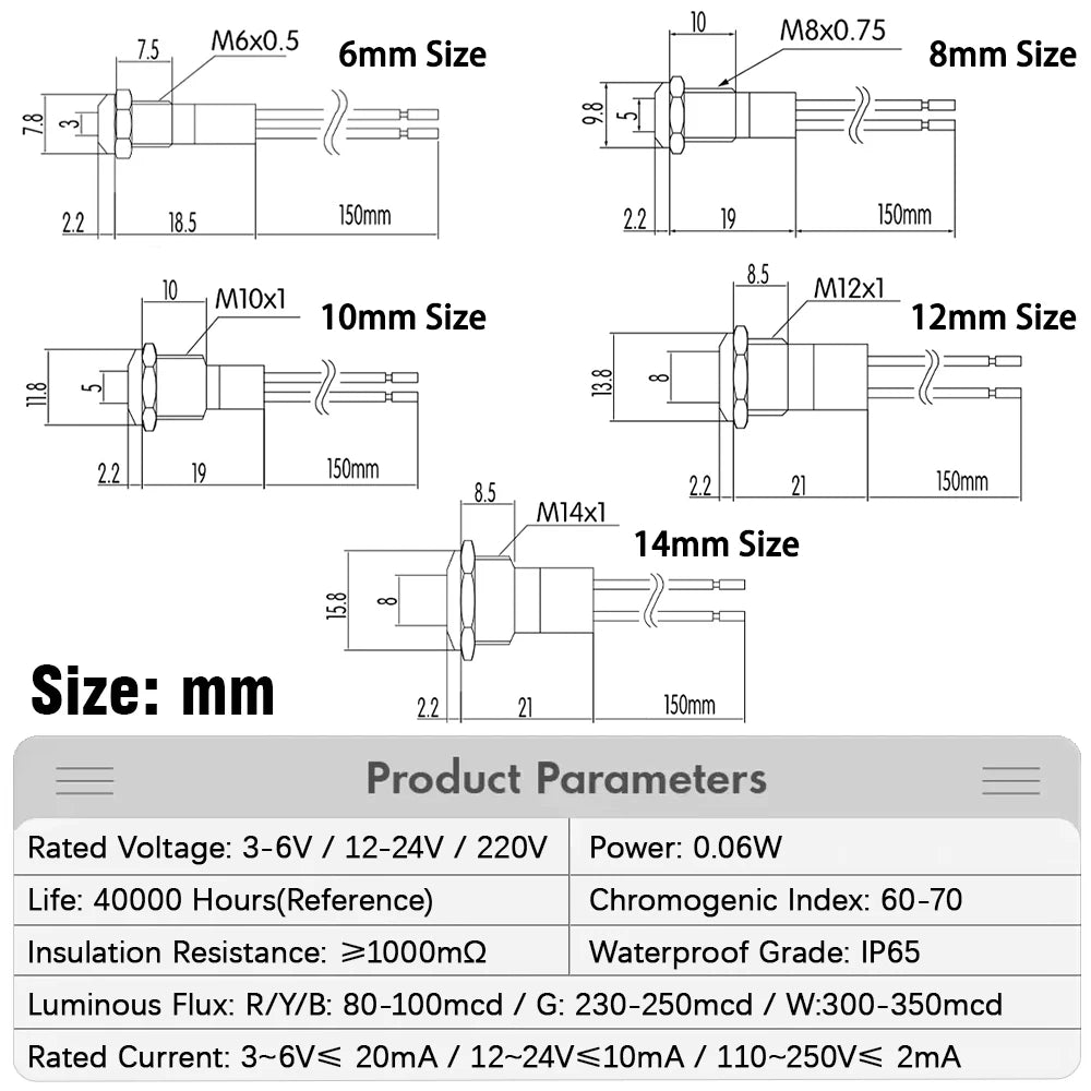6mm 8mm 10mm 12mm 14mm Warning LED Metal Indicator Light Pilot Wires Switch Waterproof IP65 Signal Lamp 5/12/24/220V Red Green