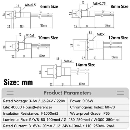 6mm 8mm 10mm 12mm 14mm Warning LED Metal Indicator Light Pilot Wires Switch Waterproof IP65 Signal Lamp 5/12/24/220V Red Green