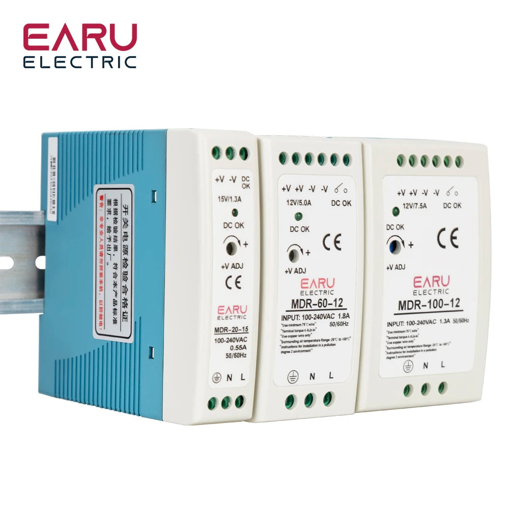 Industrial Mini AC DC Din Rail Power Supply Switch MDR-10W 20W 40W 60W 100W Single Output Switching 12V 24V 48V 100V-240V Source