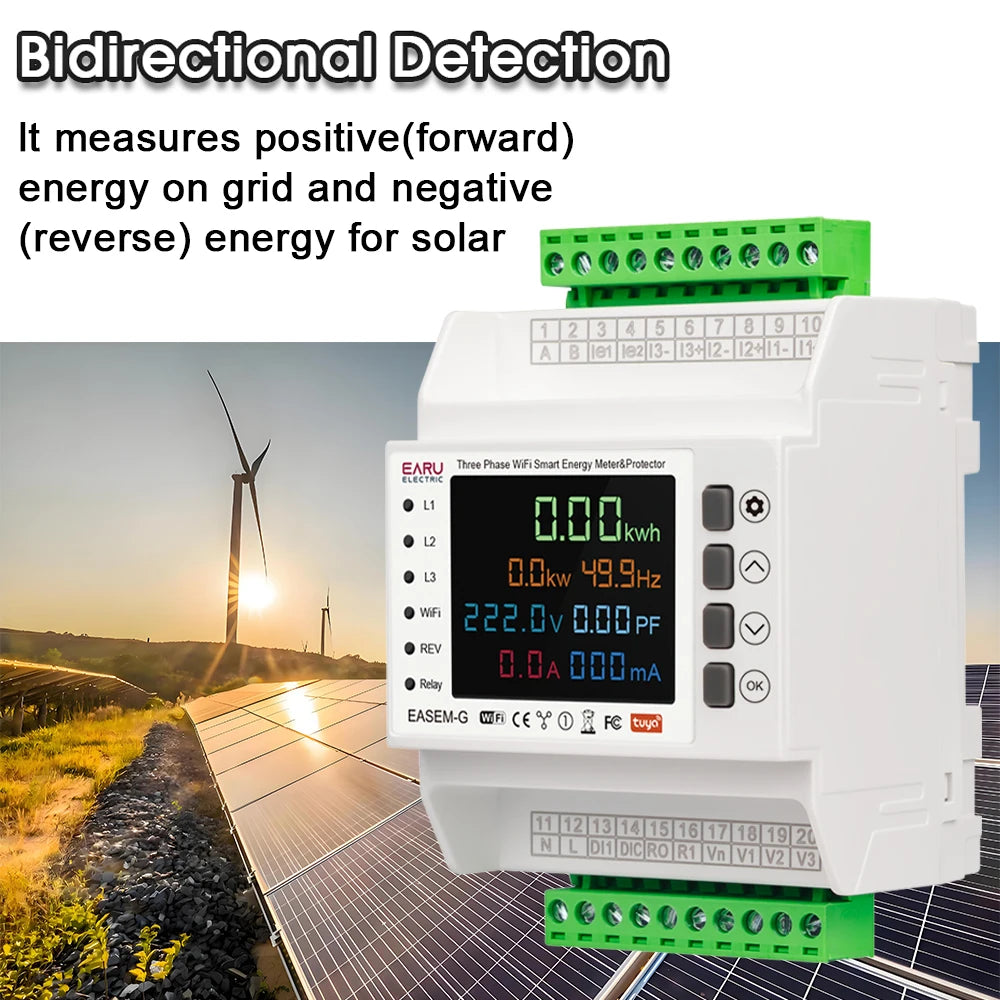 Three Phase Tuya WiFi Smart Bi-Directional Energy Meter with 3 CT Clamps Leakage Over Under Voltage Protector Relay Switch Limit