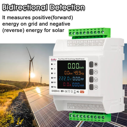 Three Phase Tuya WiFi Smart Bi-Directional Energy Meter with 3 CT Clamps Leakage Over Under Voltage Protector Relay Switch Limit