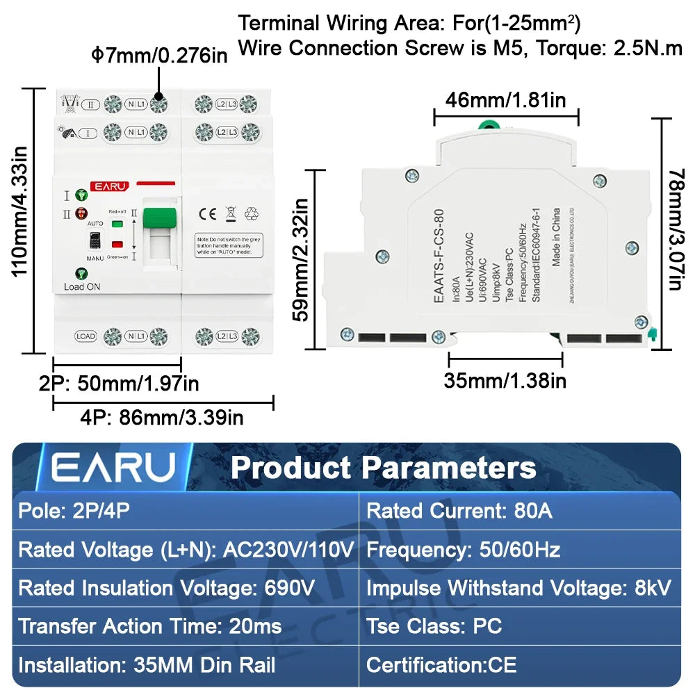 2P 4P 80A AC 230V 110V Mini ATS Solar PV Dual Power Automatic Transfer Switches Electrical Selector Switch Uninterrupted Power