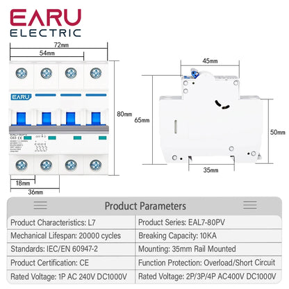 1P 2P 3P 4P DC 1000V AC 240V 400V MCB Solar PV Circuit Breaker Overload Protection Short Circuit Protection Switch Photovoltaic