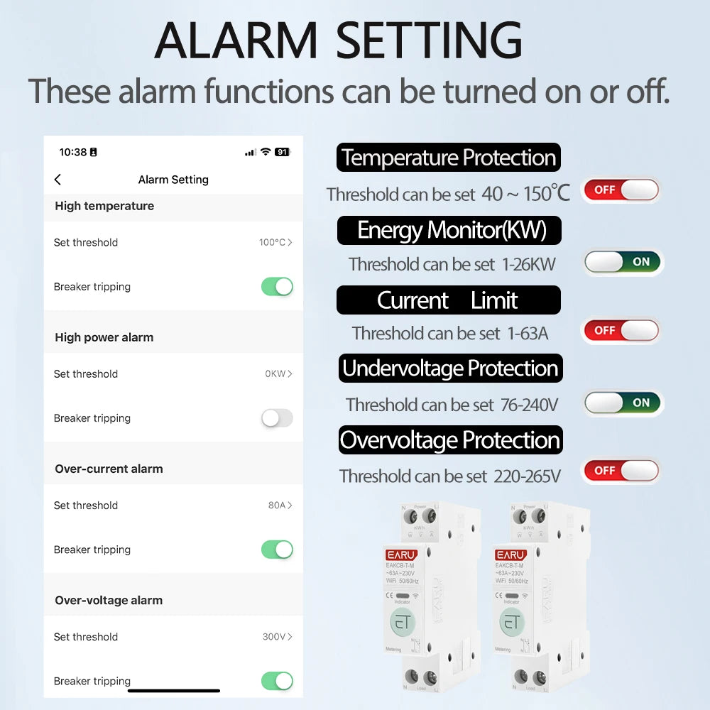 Tuya WiFi Smart Circuit Breaker MCB 1P+N 63A Timer Power Energy kWh Voltage Current Meter Protector Voice Remote Control Switch