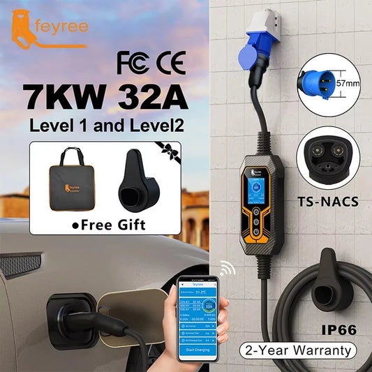 feyree EV Charger TS-NACS Socket 32A 7KW 1Phase APP Control EVSE Wallbox Portable Charging Box for Tesla Car Models 3/Y/S/X by 54 Energy - Renewable Energy Store