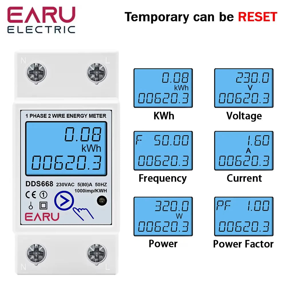 AC 230V 110V 50/60Hz Digital Single Phase Reset Zero Energy Meter kWh Voltage Current Power Consumption Meter Wattmeter Din Rail