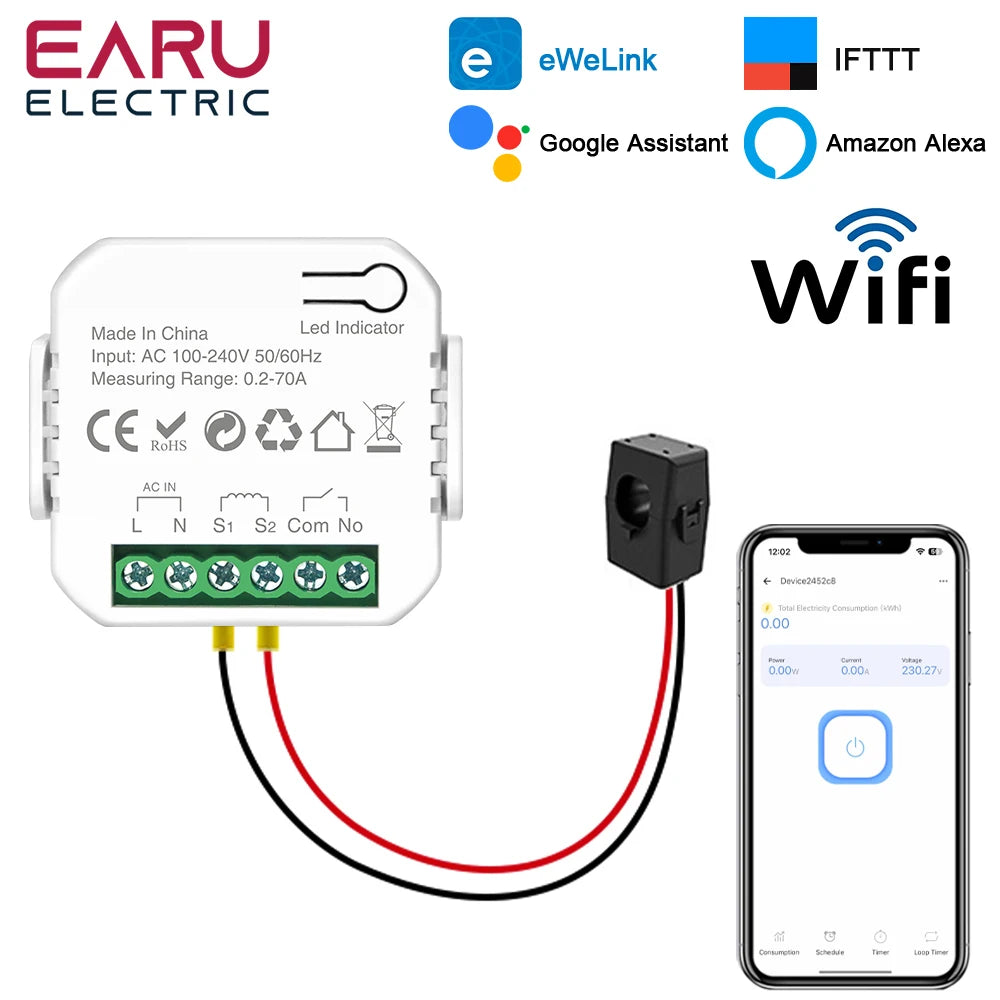 eWeLink Smart WiFi Power Energy Meter with CT Clamp AC 110V 220V Timer Relay Switch kWh Voltage Current Protector Remote Control