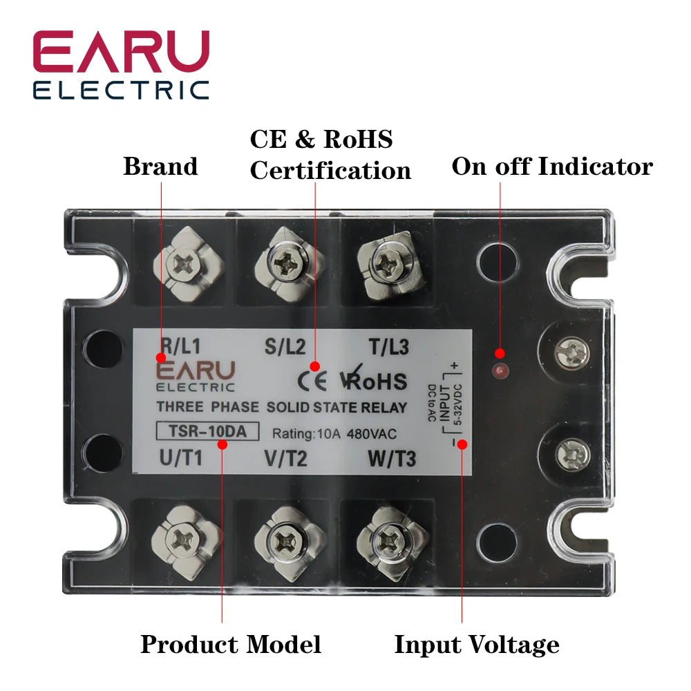 TSR  SSR-10DA SSR-40DA SSR 25A 60A 80A 100A Three Phase SSR Solid State Relay DC Control AC 480V 5-32V Input Aluminum Heatsink