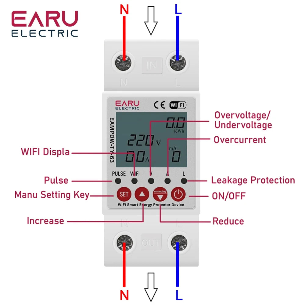 2P 63A TUYA APP WiFi Smart Circuit Earth Leakage Over Under Voltage Protector Relay Device Switch Breaker Energy Power kWh Meter