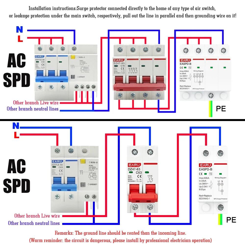 SPD AC 385V 1P 2P 3P 4P 20KA 30KA 40KA 60KA House Lightning Surge Protector Protective Solar PV Low-Voltage Arrester Device