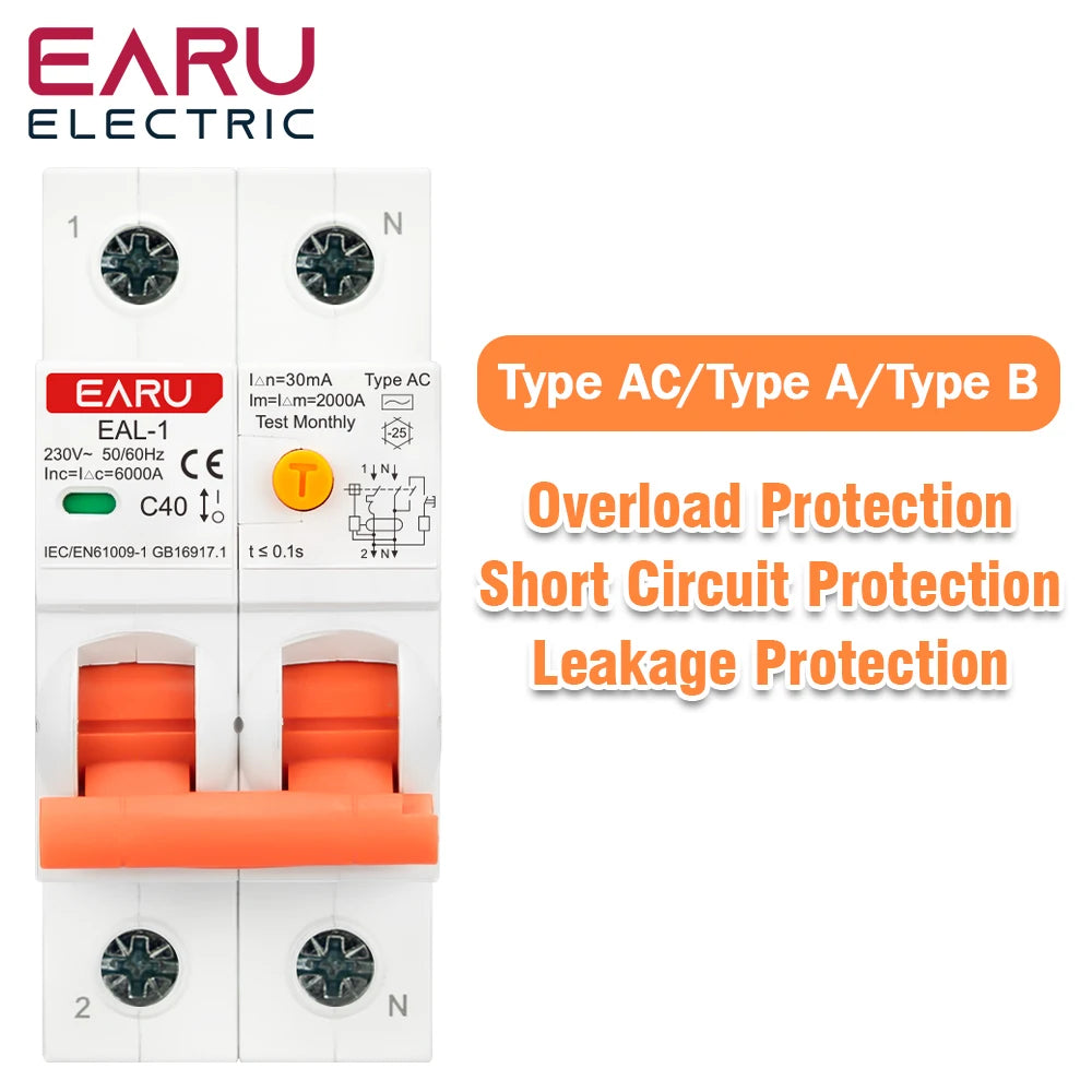 2P 30mA Type AC A B RCBO RCCB MCB Electronic Residual Current Circuit Breaker Over Short Current Leakage Protection EV Charger