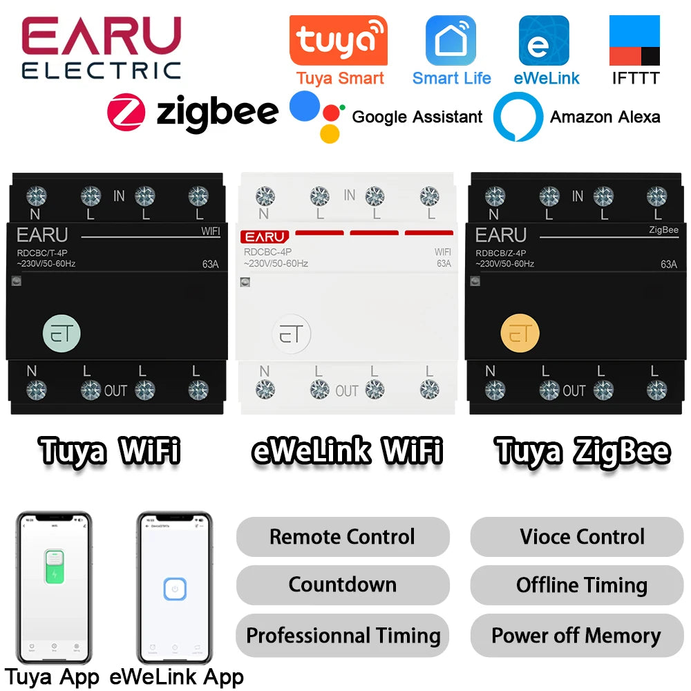 Tuya eWeLink WiFi ZigBee Smart Circuit Breaker MCB 3P+N Timer Relay Switch Voice Remote Control for Alexa Google Home Assistant