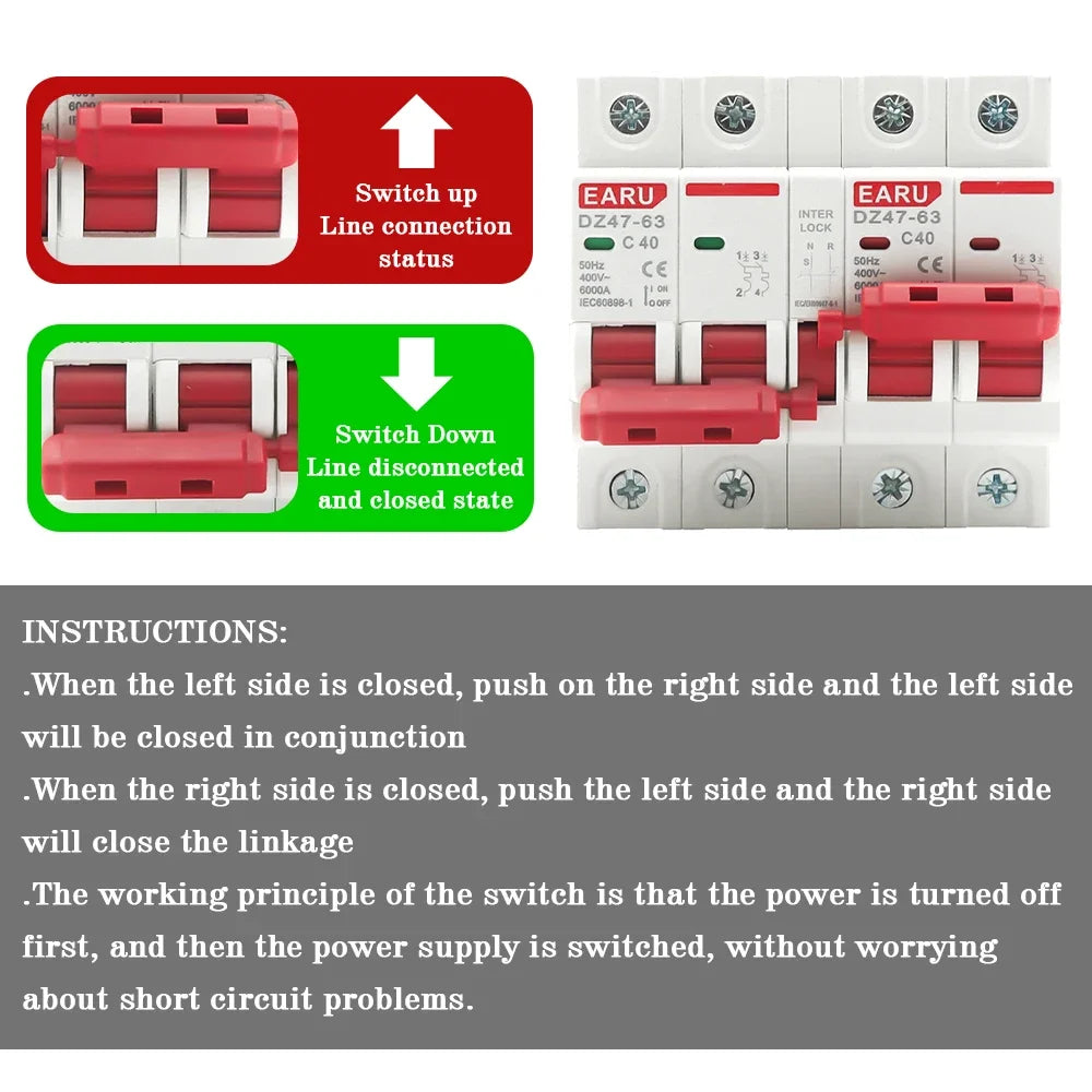 2P+2P MTS AC 400V Dual Power Manual Transfer Interlock Circuit Breaker Din Rail Isolating Discounnecting Switch MCB 16A 40A 63A