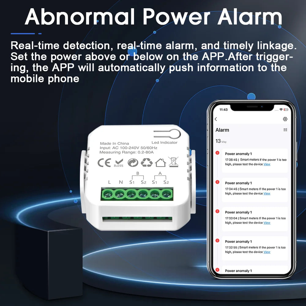Tuya Smart WiFi Energy Meter with 1/2 CT Clamps for Solar PV System Power Production Consumption Bidirectional Monitoring Meter