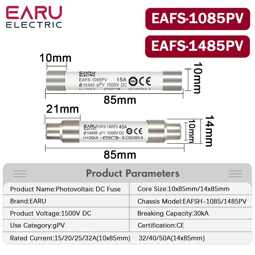 1PCS Solar DC 1000V DC 1500V PV Fuses 6A 10A 15A 20A 25A 30A 32A 50A High Voltage for Solar System Short Circuit Protection gPV