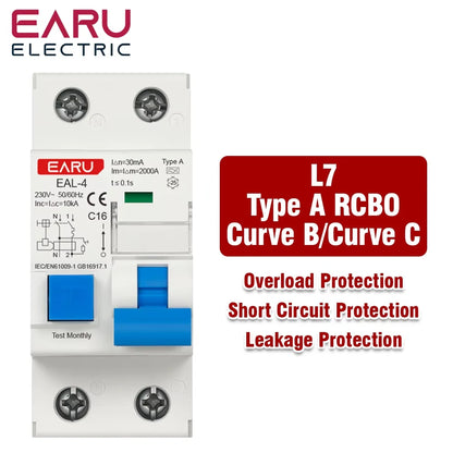 2P AC230V 20A/25A/32A 30mA L7-Architecture Type A MCB RCBO Leakage Protection Curve B/C Tripping Characteristics Circuit Breaker