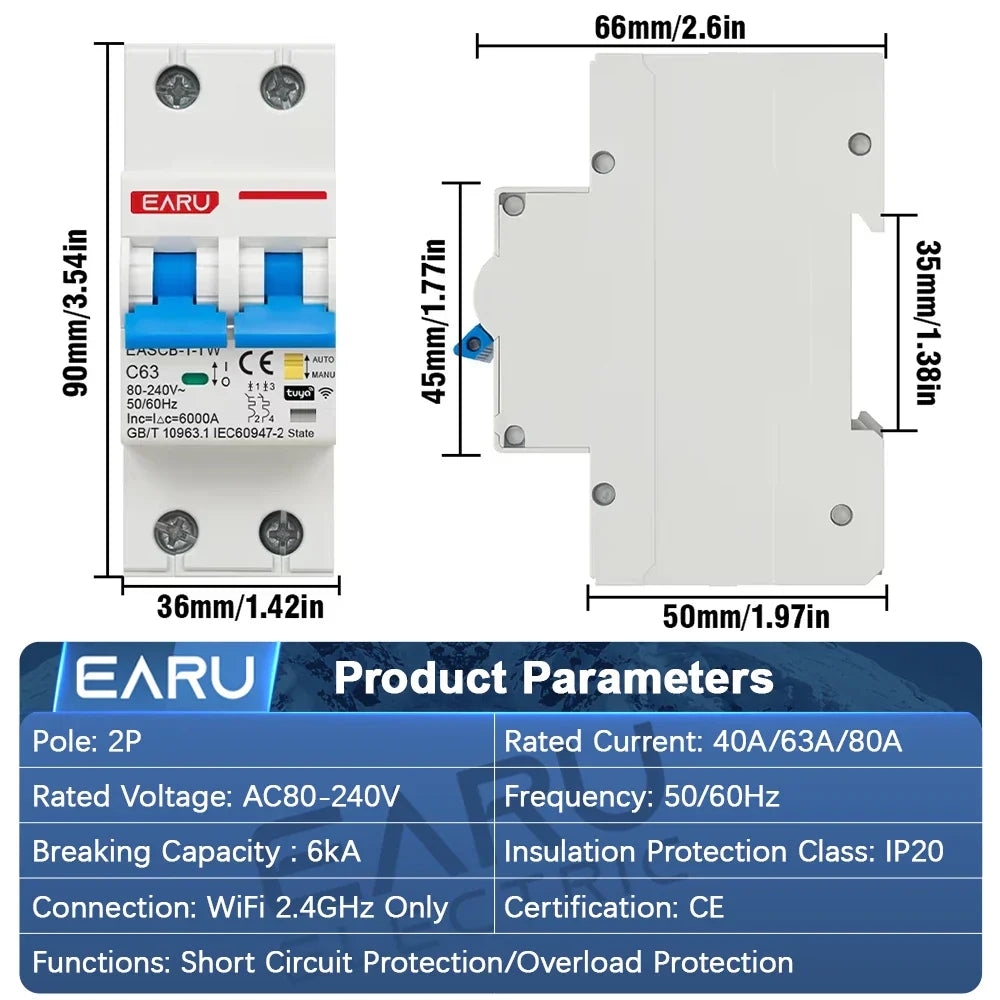 2P Tuya WiFi Smart Circuit Breaker MCB Timer Relay Switch Remote Control AC 63A 16A Power-off Memory Alexa Google Home Assistant