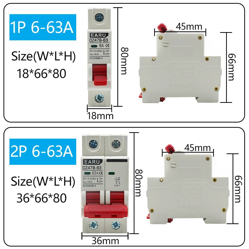 DC MCB 12V 24V 48V Circuit Breaker Battery Car Protector DZ47 DC Positive And Negative Pole Rotection  Protect Switch Isolator