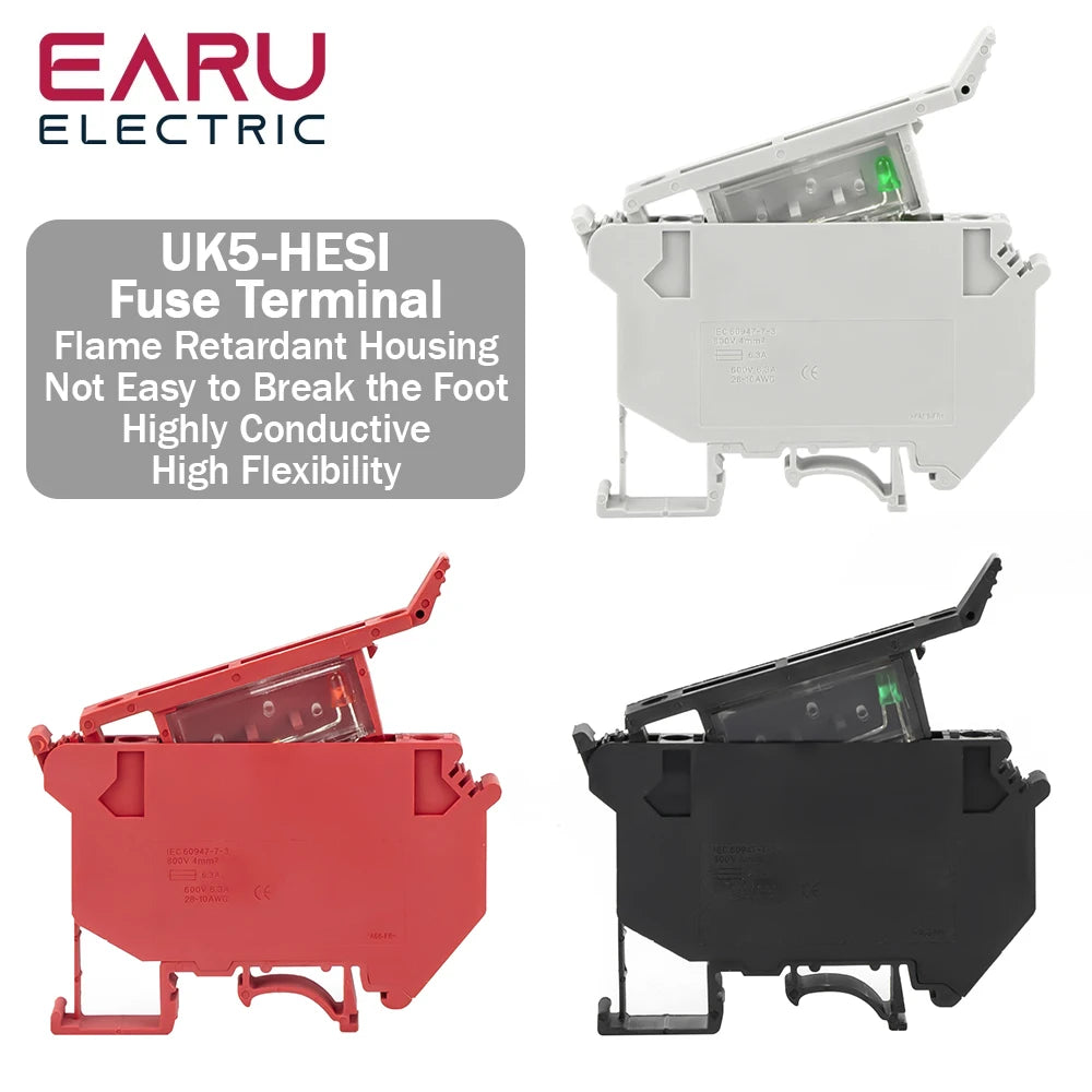 10Pcs/Lot Din Rail Terminal Blocks UK-5-HESI Black Connector Screw Fuse Terminal Block Connector Screw Fuse Holder Conductor