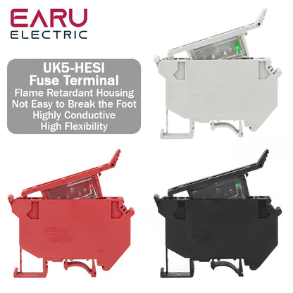 10Pcs/Lot Din Rail Terminal Blocks UK-5-HESI Black Connector Screw Fuse Terminal Block Connector Screw Fuse Holder Conductor