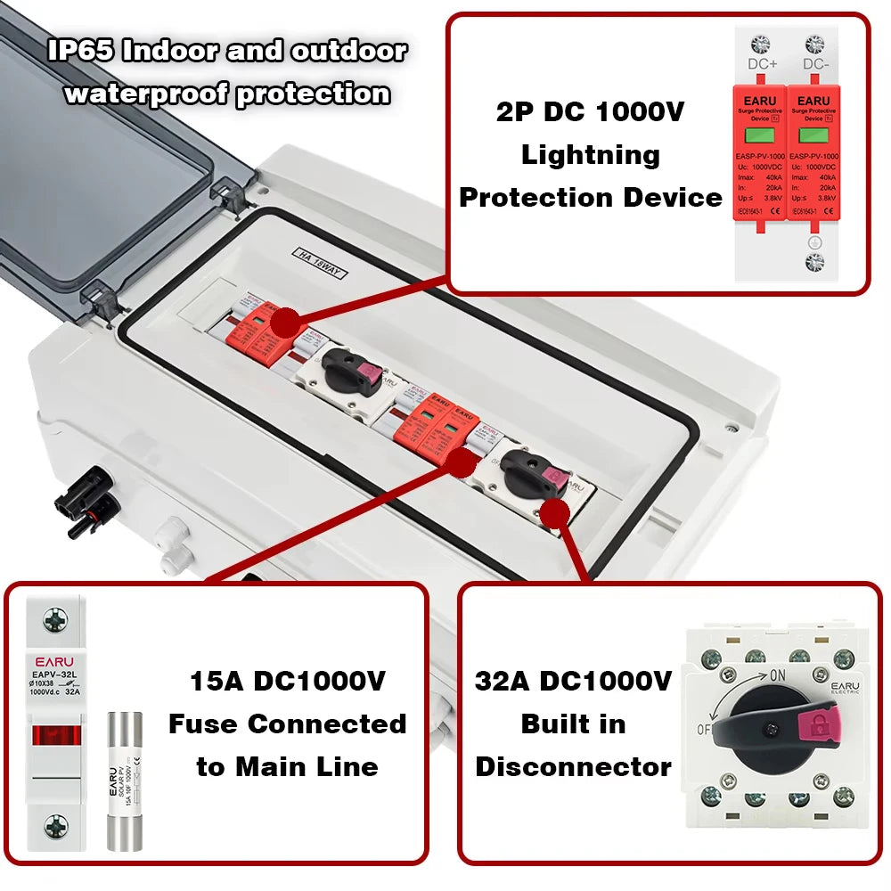 DC 1000V 2 Input 2 Output Solar Photovoltaic PV Combiner Box With Surge Lightning Protection DC Fuse MCB SPD Waterproof Box IP65