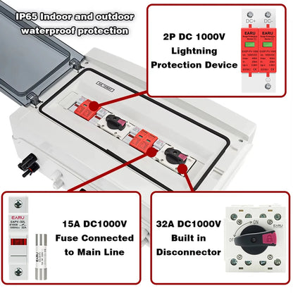 DC 1000V 2 Input 2 Output Solar Photovoltaic PV Combiner Box With Surge Lightning Protection DC Fuse MCB SPD Waterproof Box IP65