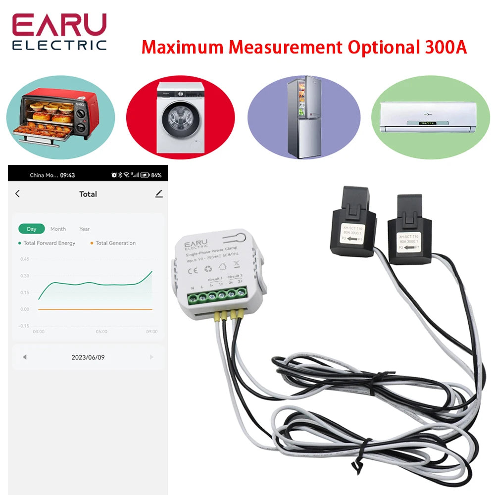 Tuya Smart WiFi Zigbee Two-way Bilateral Energy Meter 80-300A AC110V 220V Clamp CT KWh Power Electricity Consumption Monitor