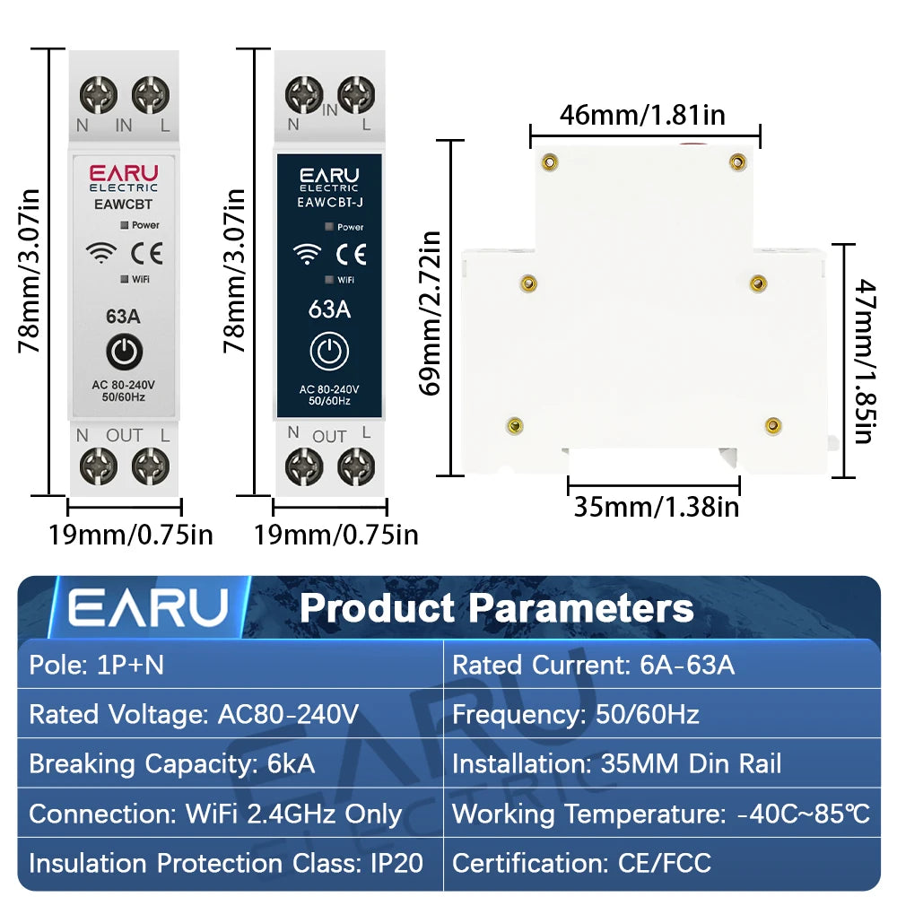 Tuya MCB WiFi Smart Circuit Breaker 1P+N 6-63A Time Relay Energy kWh Voltage Current Meter Protector Voice Remote Control Switch