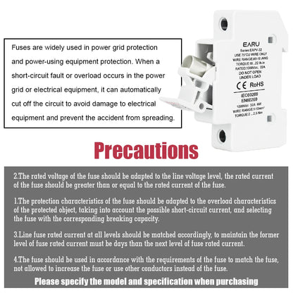 Din Rail Solar Fuses DC 1000V 1500V PV Photovoltaic 20A 25A 30A Fuse Holder Base for Solar System Short Circuit Protection gPV