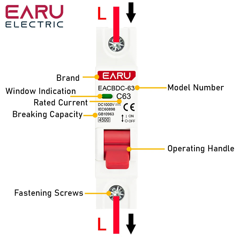 1P DC 1000V MCB Solar Mini Circuit Breaker Overload Protection Switch 6A 10A 16A 20A 25A 32A 40A 50A 63A DC1000V Photovoltaic PV