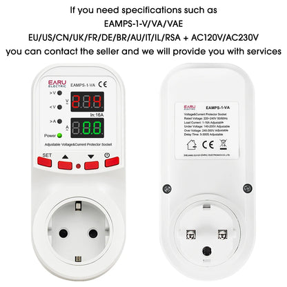 Automatic Voltage Surge Current Limiter Protector EU Socket Plug Adjustable 16A AC 230V 50/60Hz Power Energy Monitor kWh Meter
