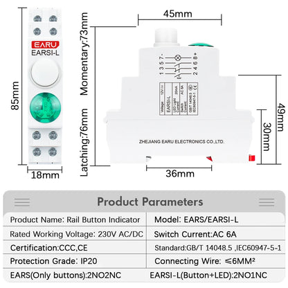 18MM Din Rail Mount LED Signal Lamp Button Switch Series AC/DC 220V Indicating Indication Pilot Lights Green Momentary Latching
