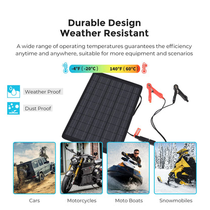 10W Solar Trickle Charger Portable Battery with Lighter Plug/Alligator Clips/Battery Cables