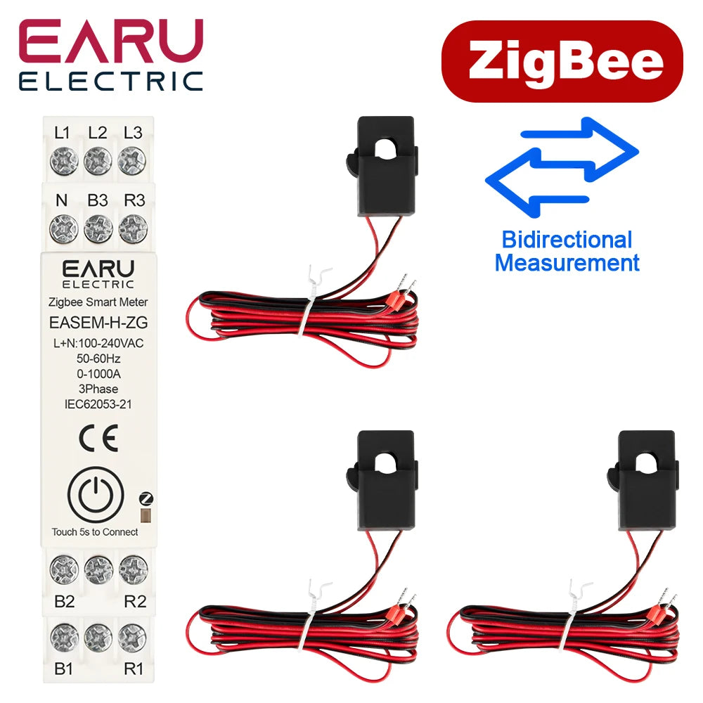 Tuya Smart WiFi ZigBee Energy Meter with 3 CT Clamps for Solar PV System Power Production Consumption Bidirectional Monitoring