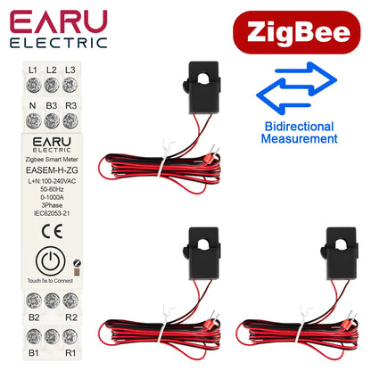 Tuya Smart WiFi ZigBee Energy Meter with 3 CT Clamps for Solar PV System Power Production Consumption Bidirectional Monitoring