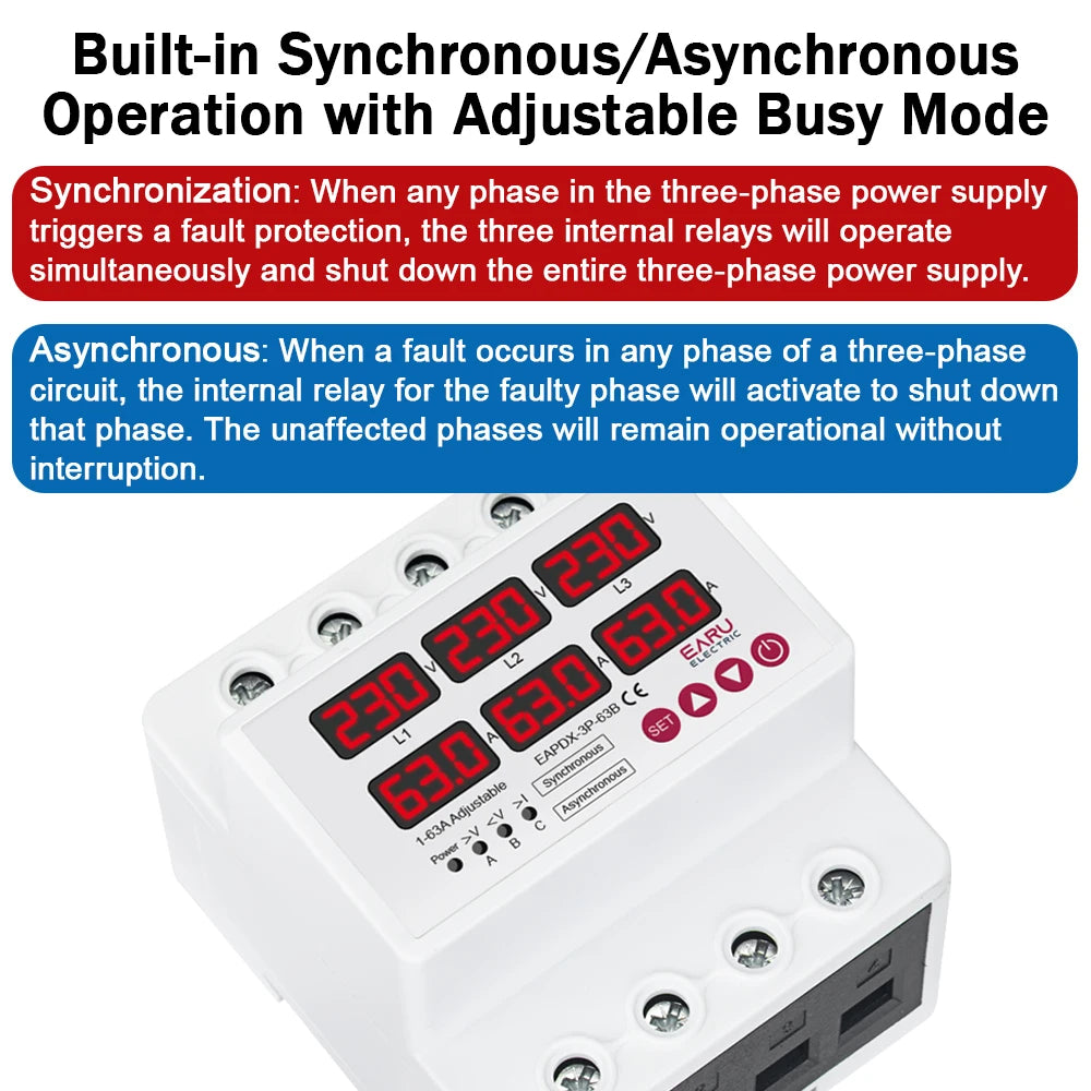 Three Phase Voltage Current Adjustable Over Under Voltage Current Limit Protection Relay Protector 63A 100A with Automatic Reset