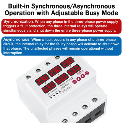 Three Phase Voltage Current Adjustable Over Under Voltage Current Limit Protection Relay Protector 63A 100A with Automatic Reset