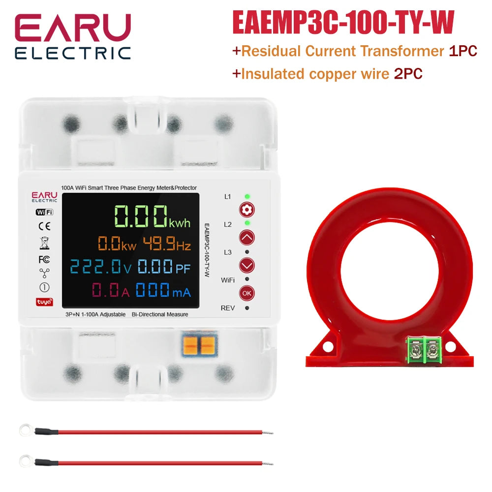 Three Phase Tuya WiFi Smart Bidirectional Energy Power kWh Meter Leakage Over Under Voltage Protector Relay Switch Current Limit