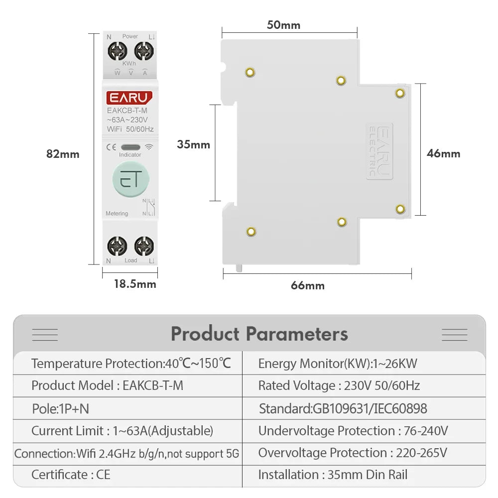 Tuya WiFi Smart Circuit Breaker MCB 1P+N 63A Timer Power Energy kWh Voltage Current Meter Protector Voice Remote Control Switch