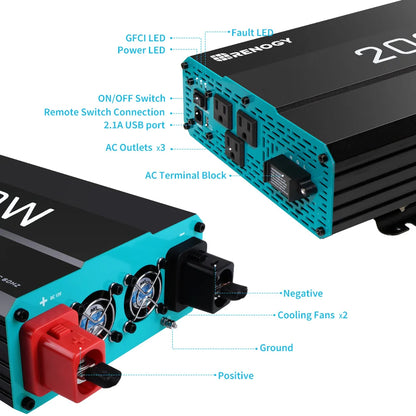 12V DC to 120V AC Converter for Home, RV, Truck, Off-Grid Solar Power