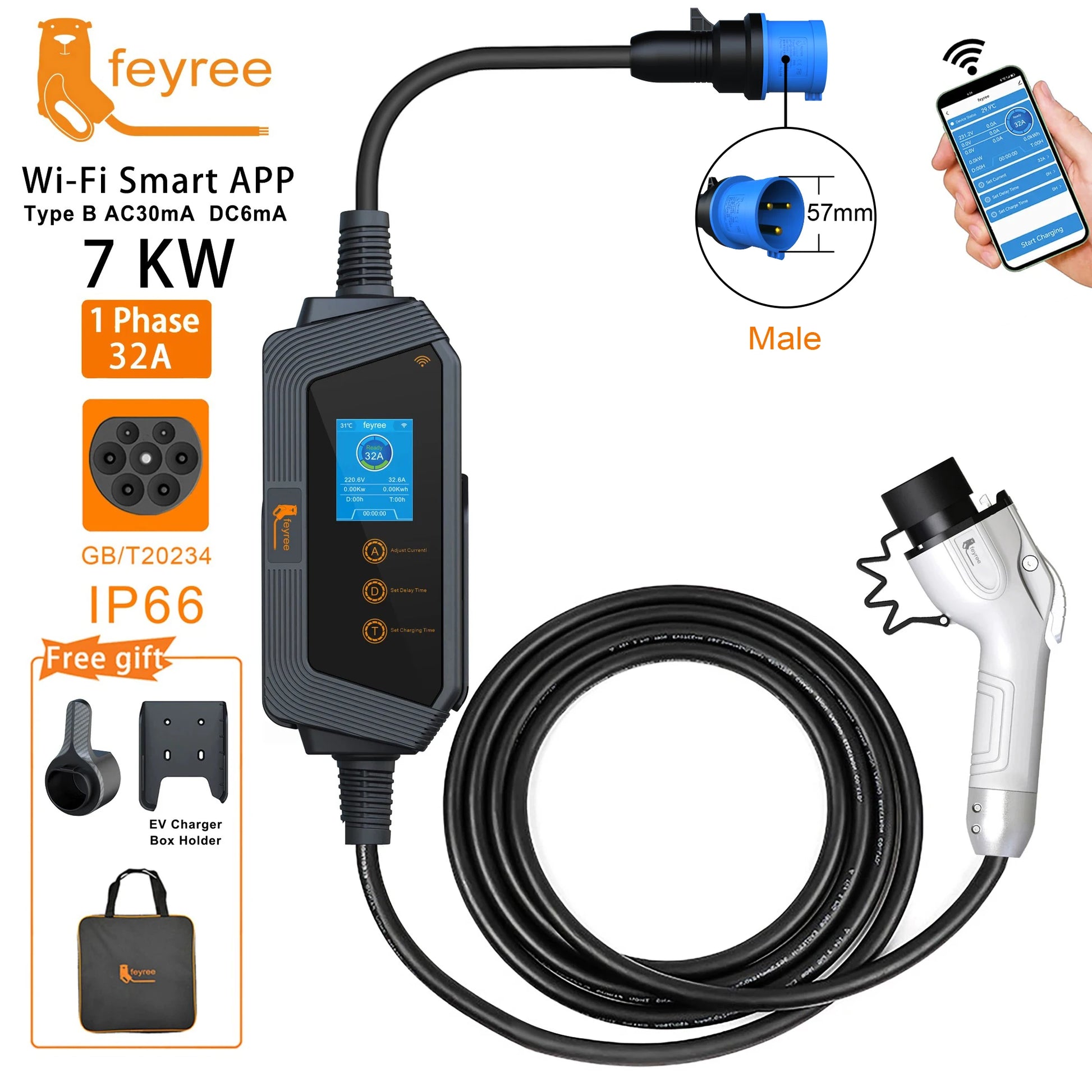 feyree 7KW 32A Adjustable EV Charger GBT Socket APP Bluetooth Version Set Charging Time EVSE Charging Box for Electric Vehicle by 54 Energy - Renewable Energy Store