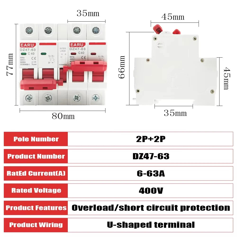 2P+2P MTS AC 400V Dual Power Manual Transfer Interlock Circuit Breaker Din Rail Isolating Discounnecting Switch MCB 16A 40A 63A