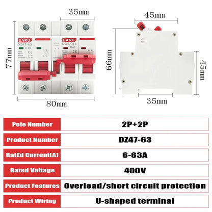 2P+2P MTS AC 400V Dual Power Manual Transfer Interlock Circuit Breaker Din Rail Isolating Discounnecting Switch MCB 16A 40A 63A