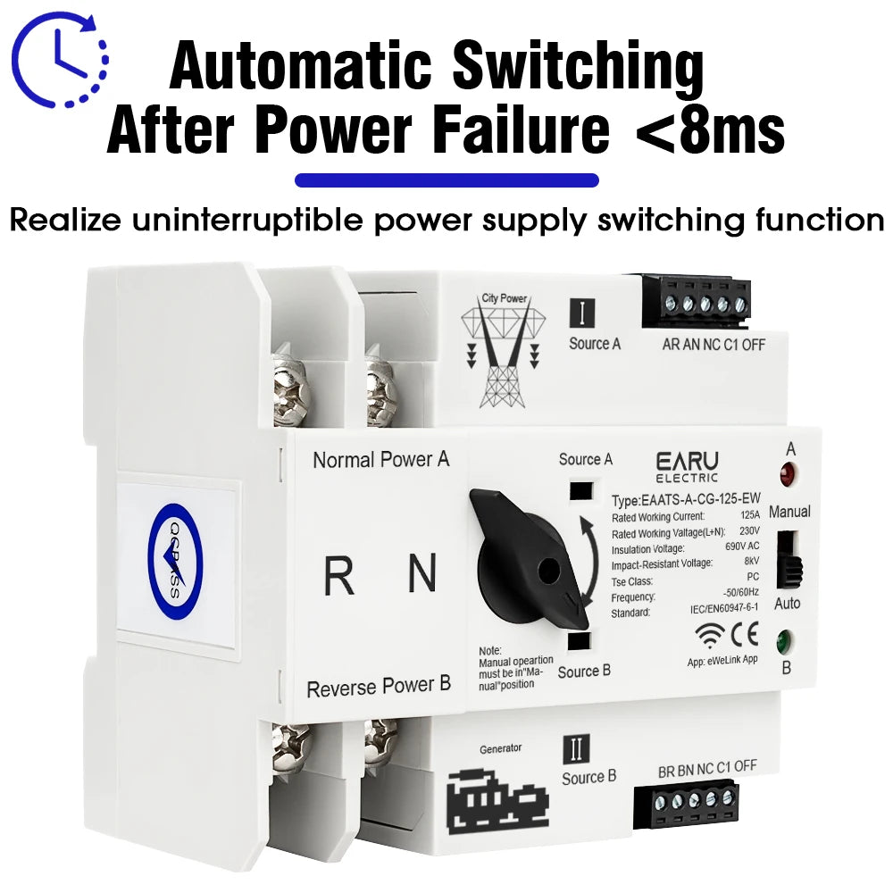 eWeLink WiFi Smart Remote Control 2P 125A AC 230V ATS Dual Power Automatic Transfer Electrical Selector Switch Uninterrupted