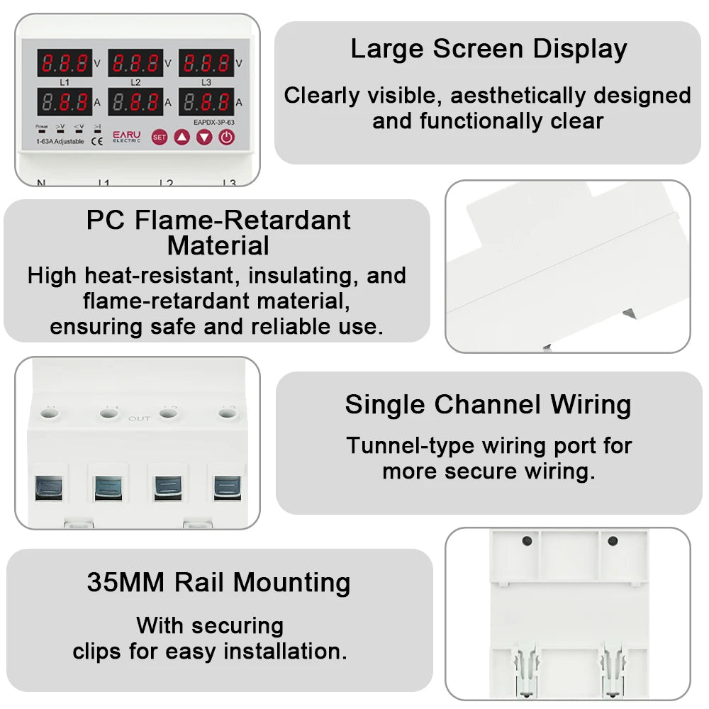 Three Phase Voltage Current Adjustable Over Under Voltage Current Limit Protection Relay Protector 3*220V 380V 63A 100A Din Rail