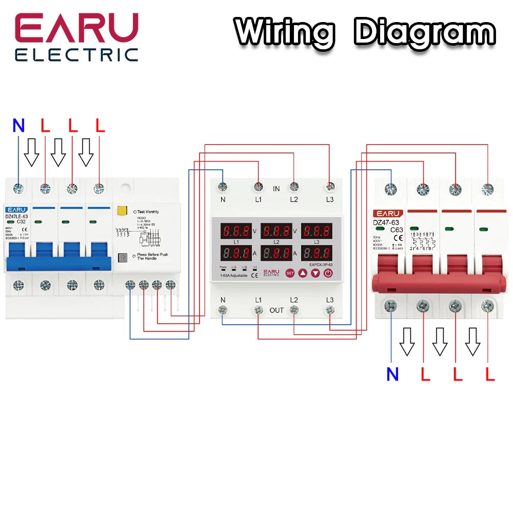 Three Phase Voltage Current Adjustable Over Under Voltage Current Limit Protection Relay Protector 3*220V 380V 63A 100A Din Rail
