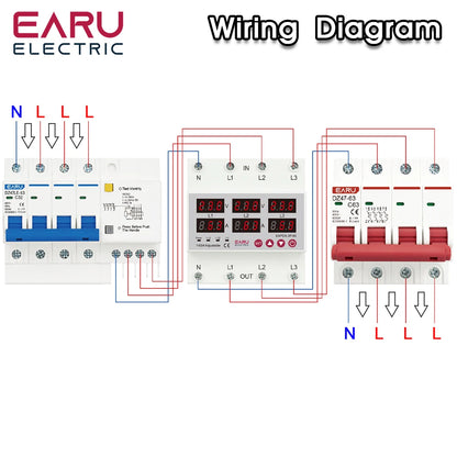 Three Phase Voltage Current Adjustable Over Under Voltage Current Limit Protection Relay Protector 3*220V 380V 63A 100A Din Rail